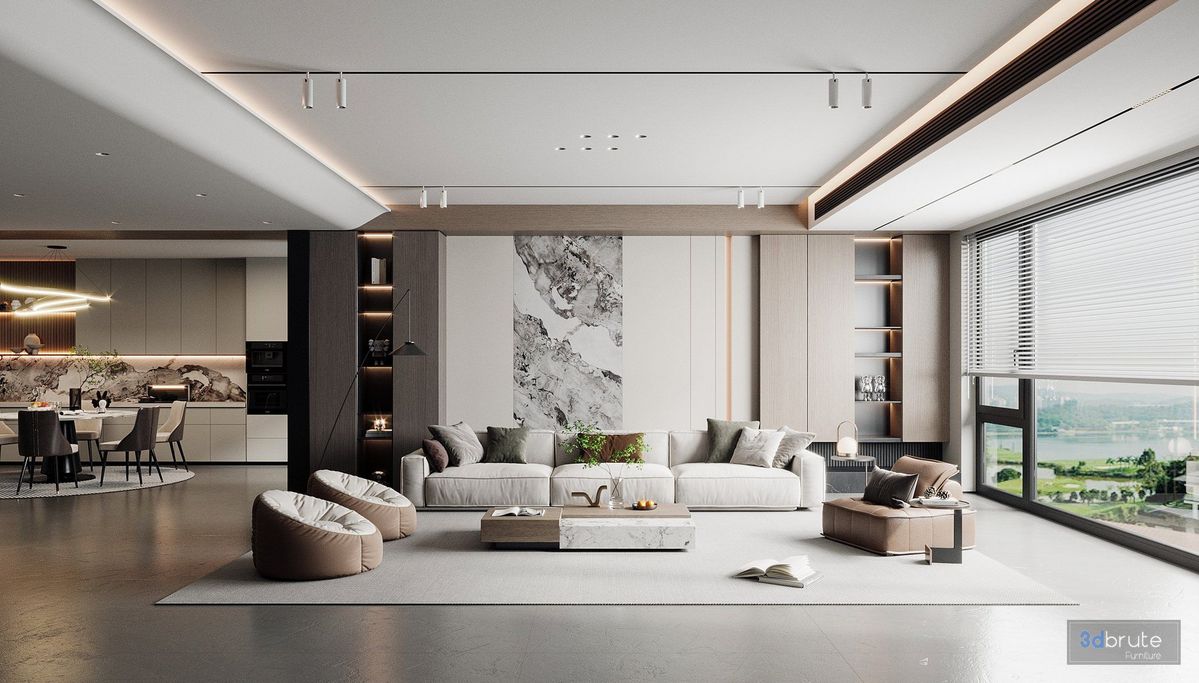 Contemporary living room with minimalist furniture and ambient lighting